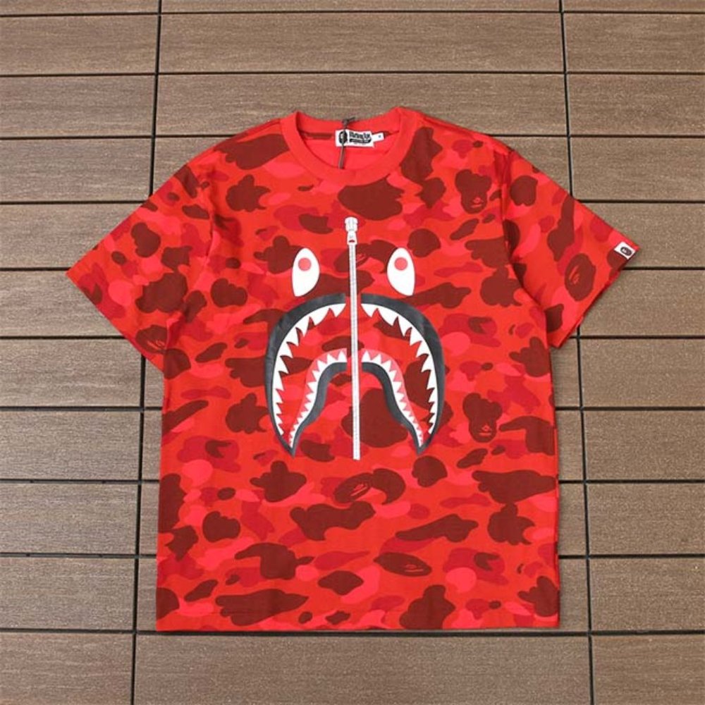 BAPE Camouflage Shark Mouth Logo T-Shirt - Red Short Sleeve
